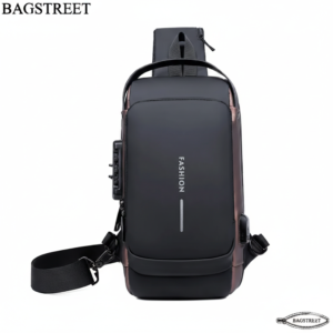 Men’s Waterproof Anti-Theft Sling Bag with USB Charging Port – Matte Black & Bronze Crossbody Chest Pack for Travel, Work & Daily Use